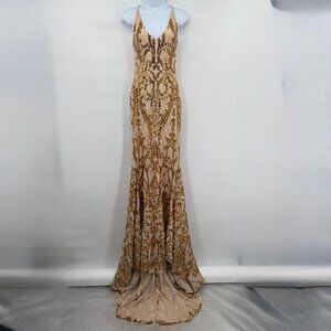 A&N Luxe Label Nude & Gold Sequin Lace-Up Back Gown Formal Medium